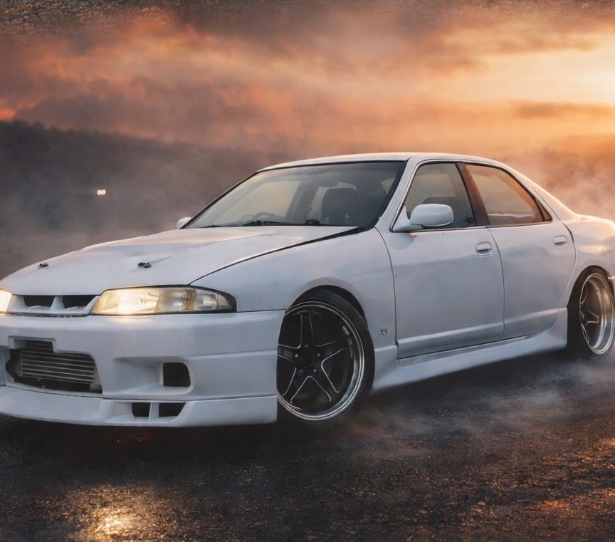 რომან ხაიტოვის თეთრი Nissan Skyline R33 კვამლში მზის ჩასვლისას